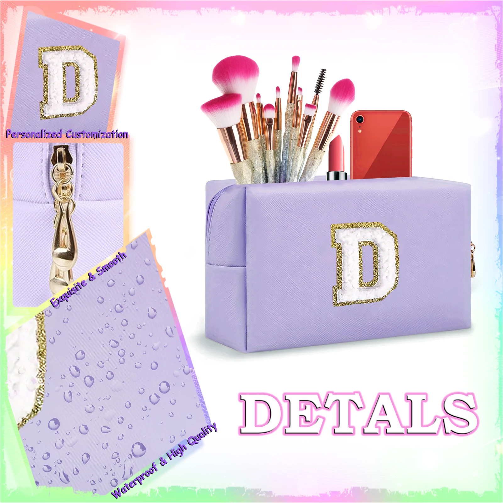 Small Personalized Initial Letter Makeup Bag Cute Waterproof PU Leather Cosmetic Bag Preppy Makeup Pouch Toiletry Zipper 5