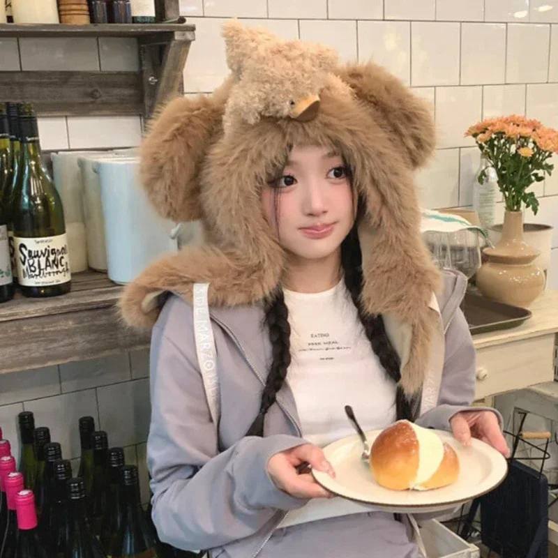 INS Cute Rabbit Ears Plush Bomber Hats Women Autumn Winter Outdoor Warm Thickened Scarf Integrated Ear Protection Balaclava Cap