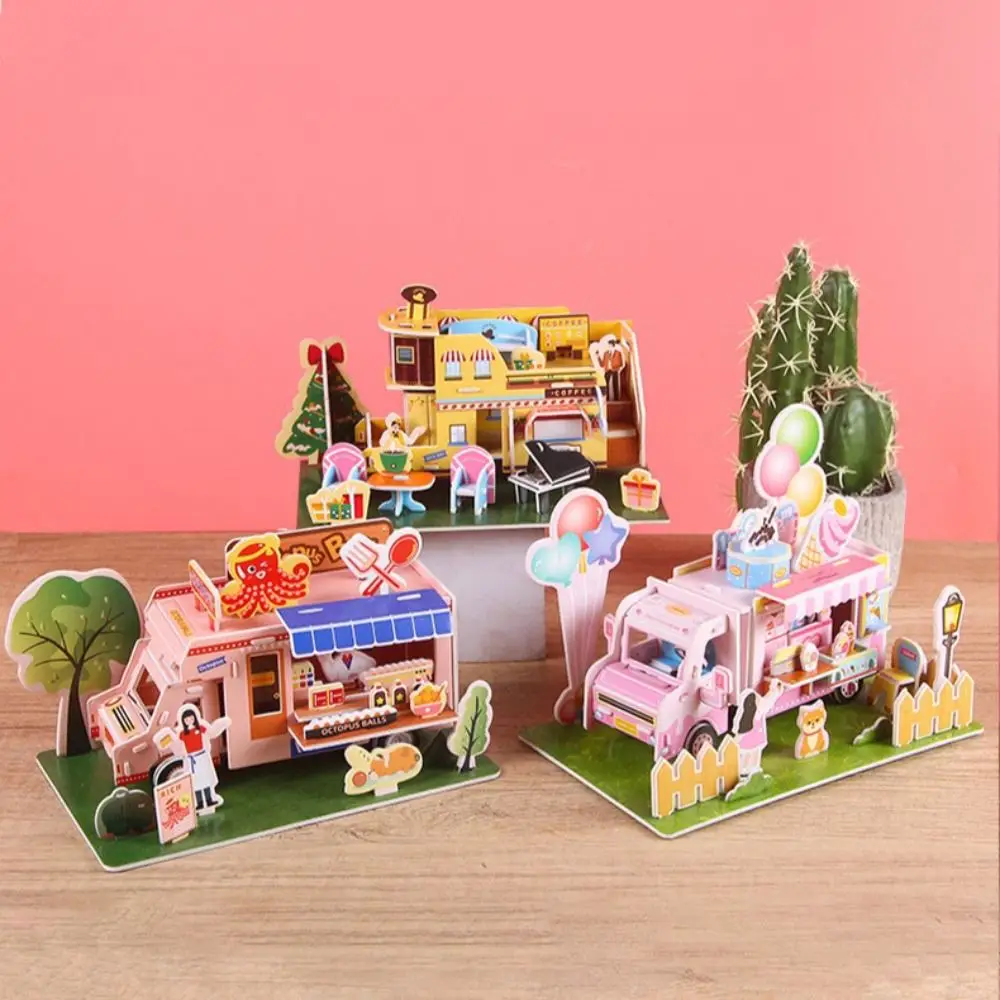 

Ice Cream Shop DIY Puzzle Dollhouse Room Cartoon Doll House Pretend Play Takoyaki Shop Handmade Cardboard 3D Cafe Puzzle Room