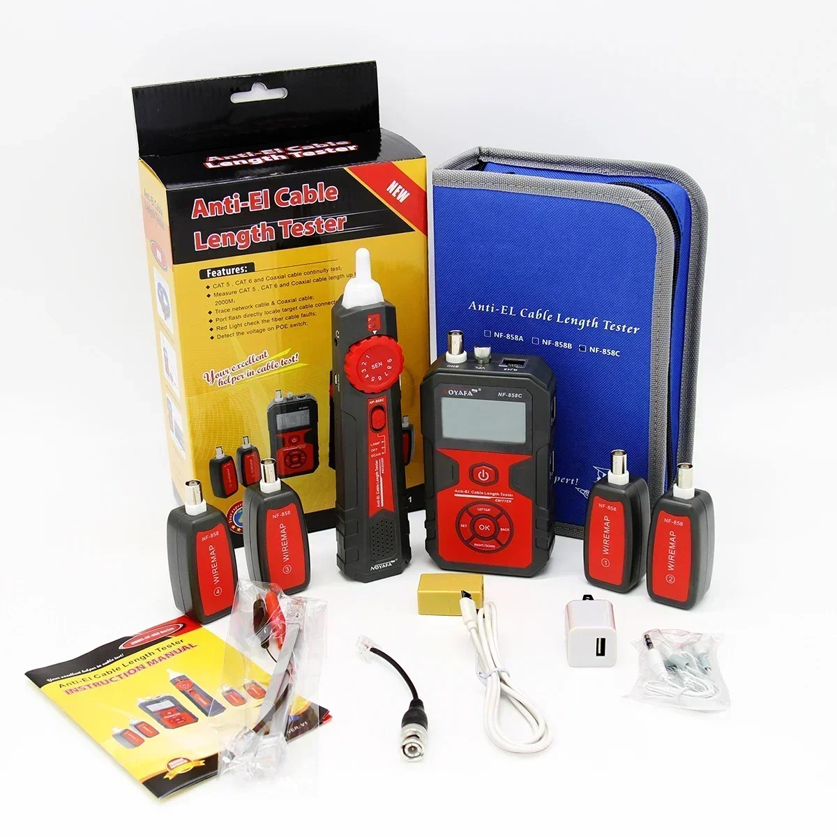ZHOUCE NF-858C Network Cable Tester Portable Cat 5 Cat 6 RJ11 BNC Cable Finder Measuring Length and Breakpoints with Light