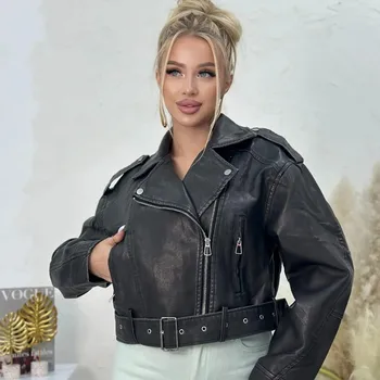 HXAO فو سترة جلدية امرأة معاطف قصيرة حزام المرأة موتو السائق جاكيت زيبرا الشارع ارتداء طويلة الأكمام اقتصاص سترة سوداء 6