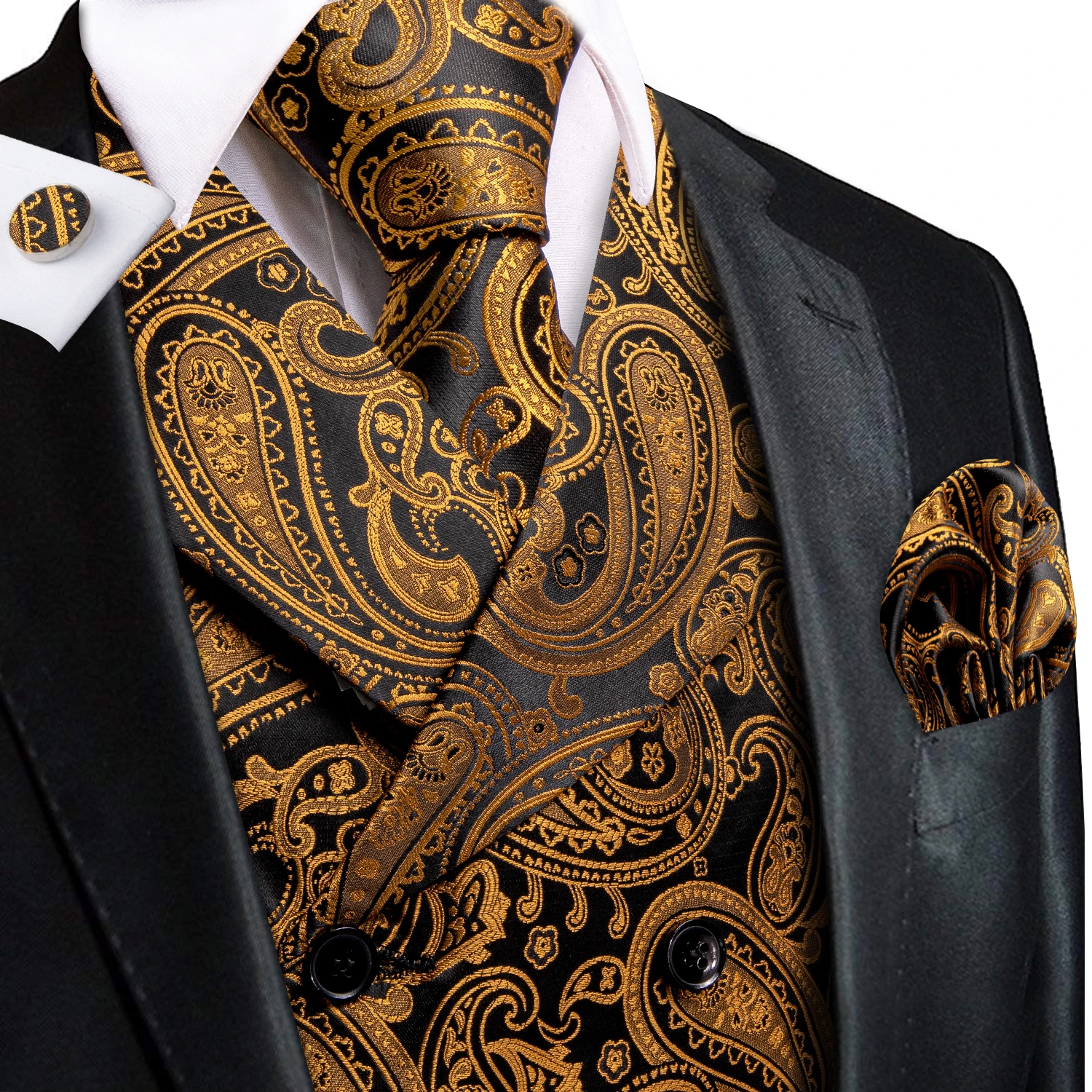 Luxury Silk Mens Vest Gold Black Classic Paisley Jacquard Waistcoat Jacket NeckTie Hanky Cufflinks Men Business Party Hi-Tie dress vests