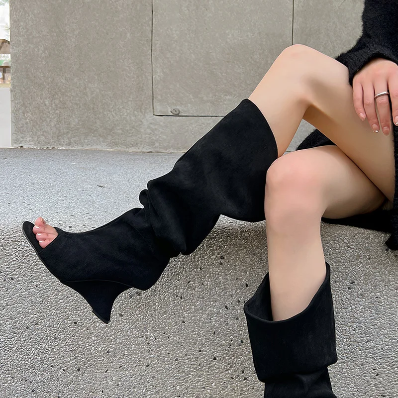 Ankle Boots Solid Suede Peep Toe Chunky Heeled Boots Peep Toe