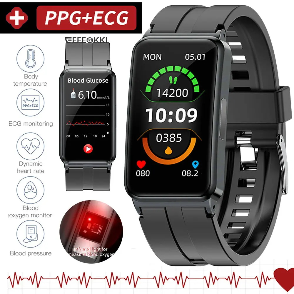 

EP01 Blood Glucose Sugar Monitor Smart Watch ECG PPG HRV Heart Rate Blood Pressure Health Band Fitness Tracker Smart Wristband
