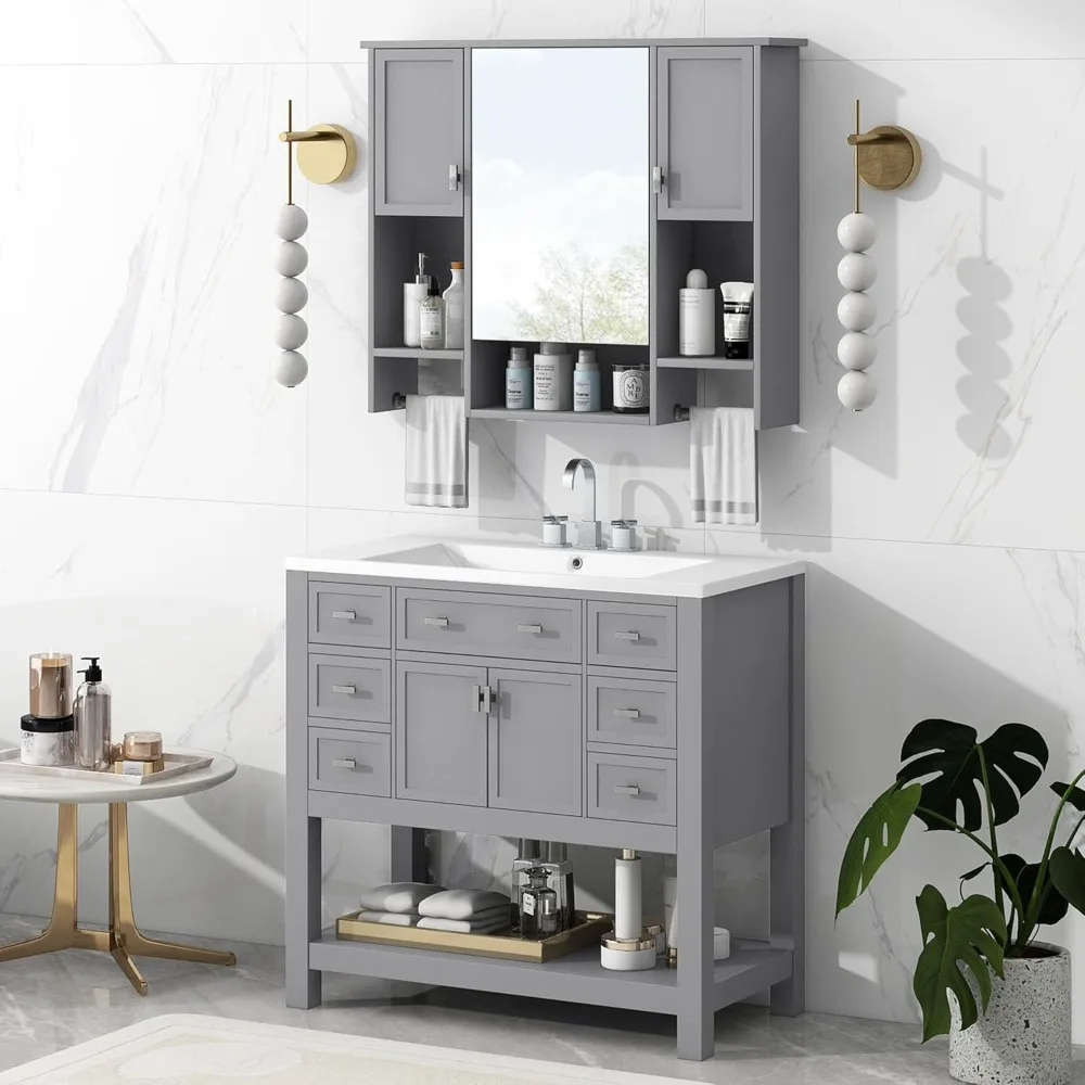 36" Solid Wood Bathroom Sink Vanity with Matching Medicine Cabinet
