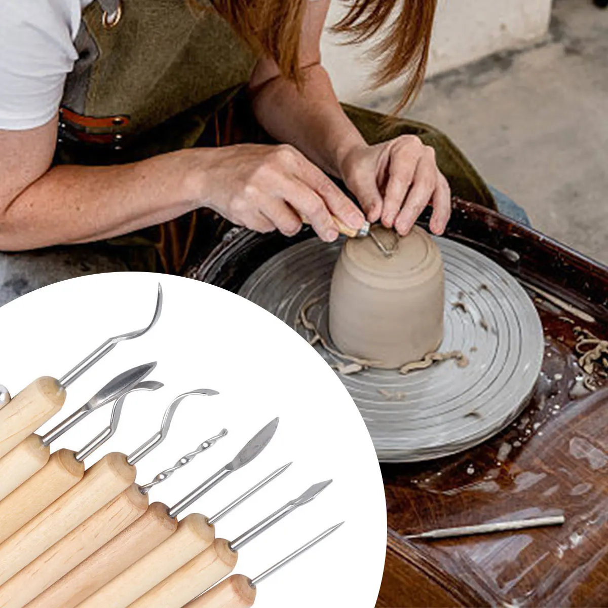 11PcsCreative Soft Clay Sculpture Pottery Tool DIY Handmade Carving Knife Set with Wooden Handle Ceramics Modeling Graving Tools