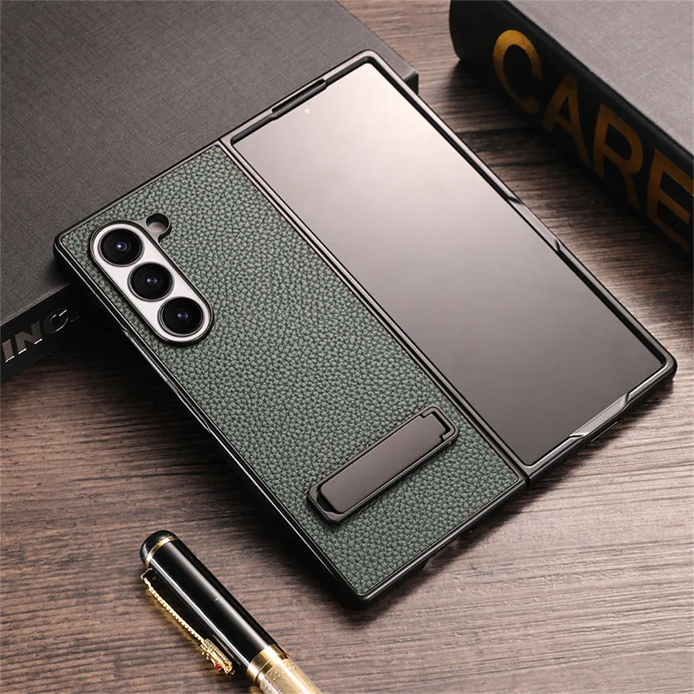 Elegant Litchi Leather Invisible Bracket Case with Stand Holder and Thin Bumper Design