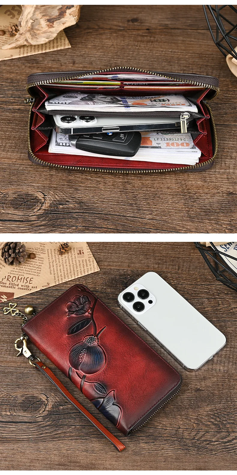 Große Rindsleder Kartenhalter Clutch Bag Langer Reißverschluss Floral Damen Leder Geldbörse Vintage Echtleder Geldbörse Damen – Detail 9