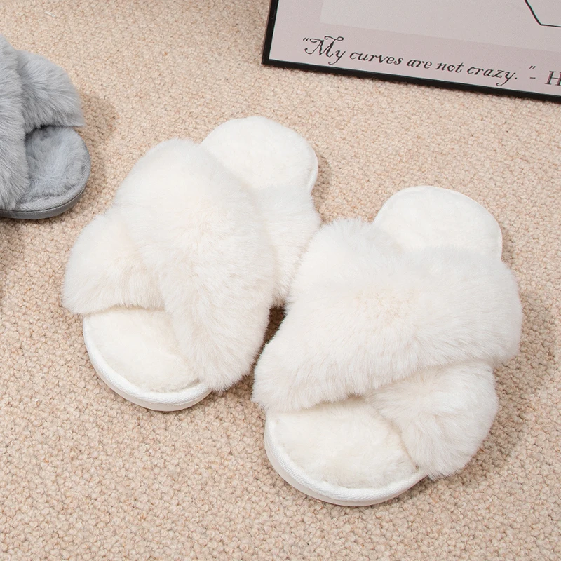 Winter Women Home Indoor Casual Fuzzy Slippers Female Flip Flops Fluffy Shoes Cross Slides Ladies Soft Plush Slippers