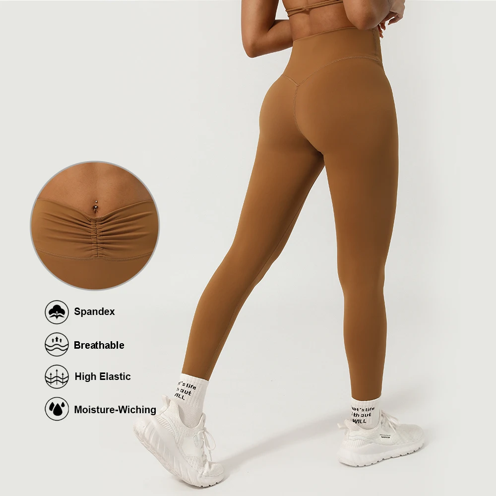 Wrinkled Waist Tightening Sports Leggings Lifting Buttocks No T-line Yoga Cropped Pants Fitness Gym Solid Color Workout Tights sports leggings,yoga pants,female tights