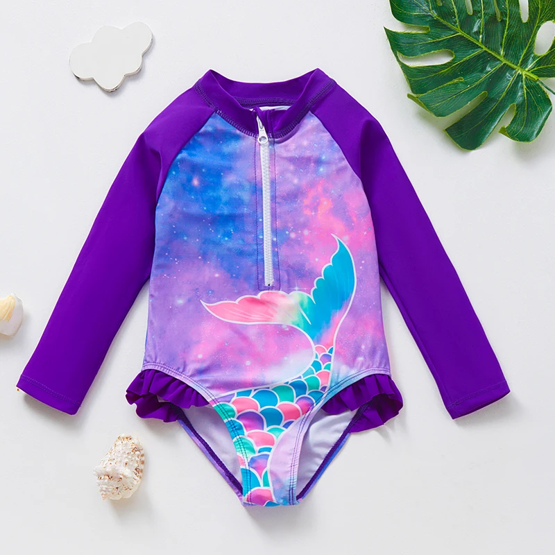 One Piece Swimsuit Girls Rash Guard Long Sleeve Ruffle Trim