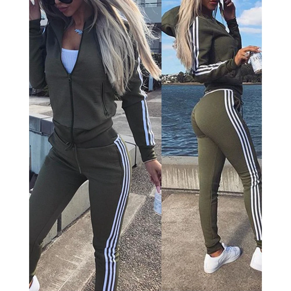 Autumn Striped Two Pieces Sweatpants Set Women Pocket Design Long Sleeve Zipper Fly Hoodie & Cuffed Pants Sets Causal Streetwear