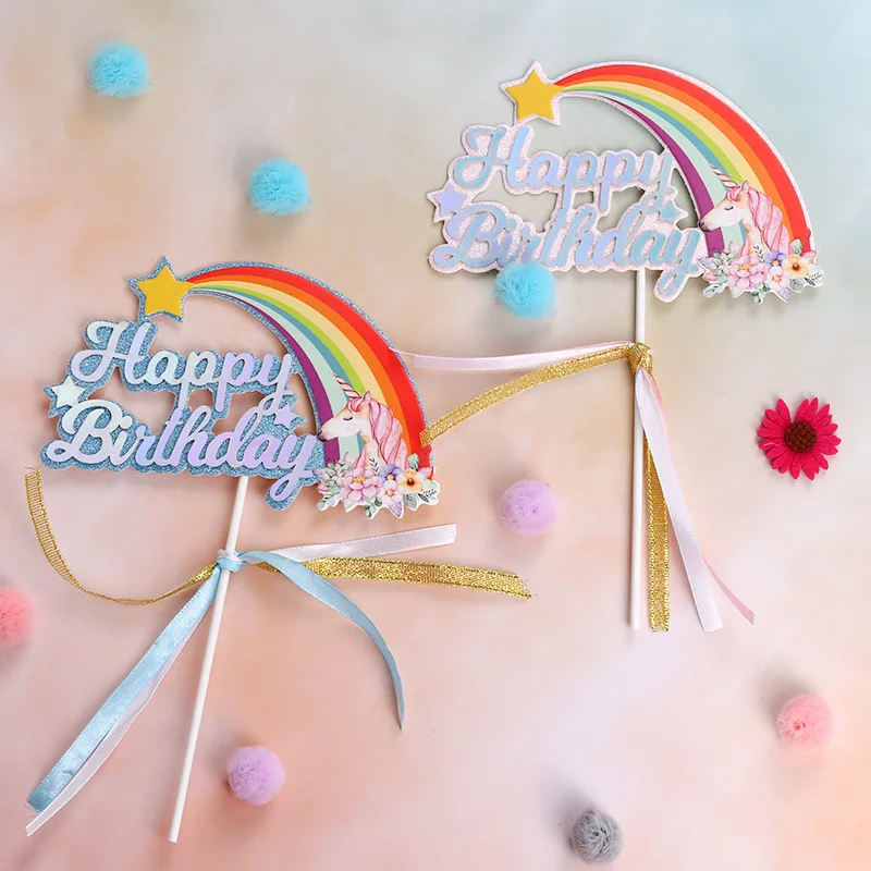 1PC Unicorn Cake Topper Cloud Rainbow Balloon Happy Birthday Banner Cake Decoration Boy Girl Kids Birthday
