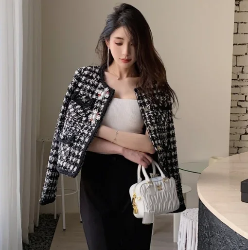 

2023 Autumn and Winter Women's New Classic Houndstooth Tweed Long Sleeve Jacket