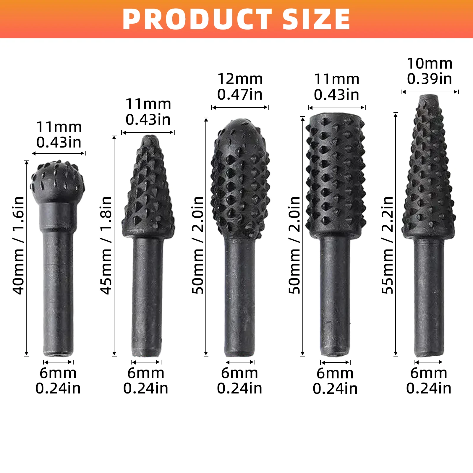 5개 목공용 로터리 버 비트 1/4(6mm) 샹크 전동 공구 액세서리 (목공용)