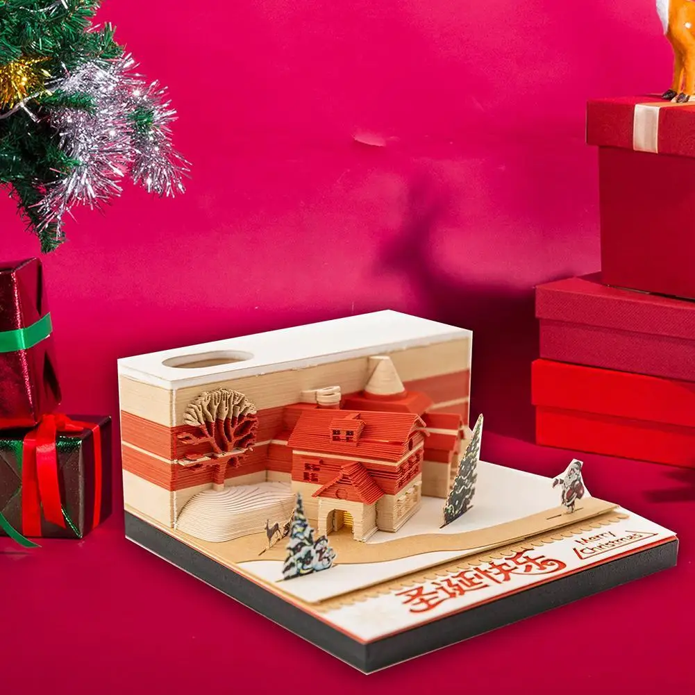

Merry Christmas House Paper Carving 3D Memo Pad Home Desktop Decoration Ornaments Cabin Three-dimensional Sticky Note Pad Gifts