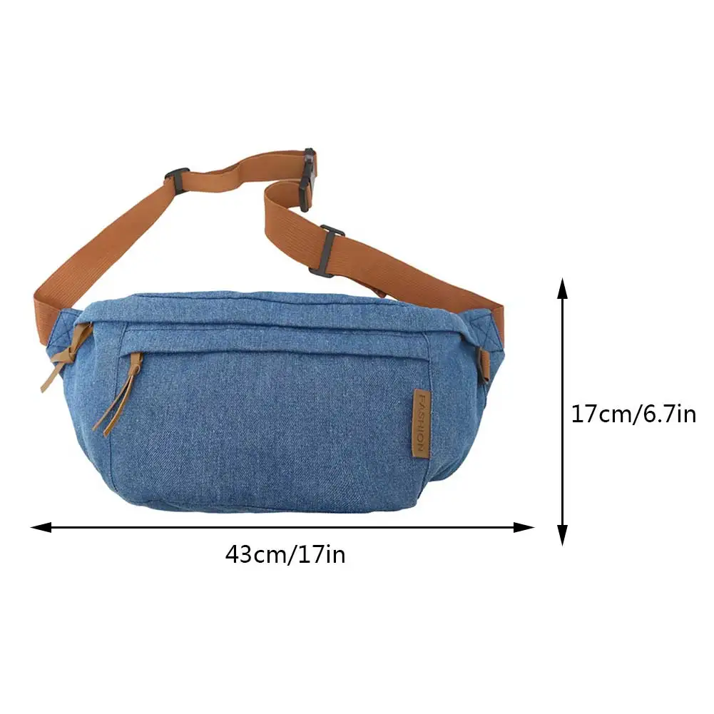 Men Women Denim Fanny Pack Harajuku Casual Chest Bags Large Capacity Adjustable Shoulder Straps Solid Color Female Waist Bag
