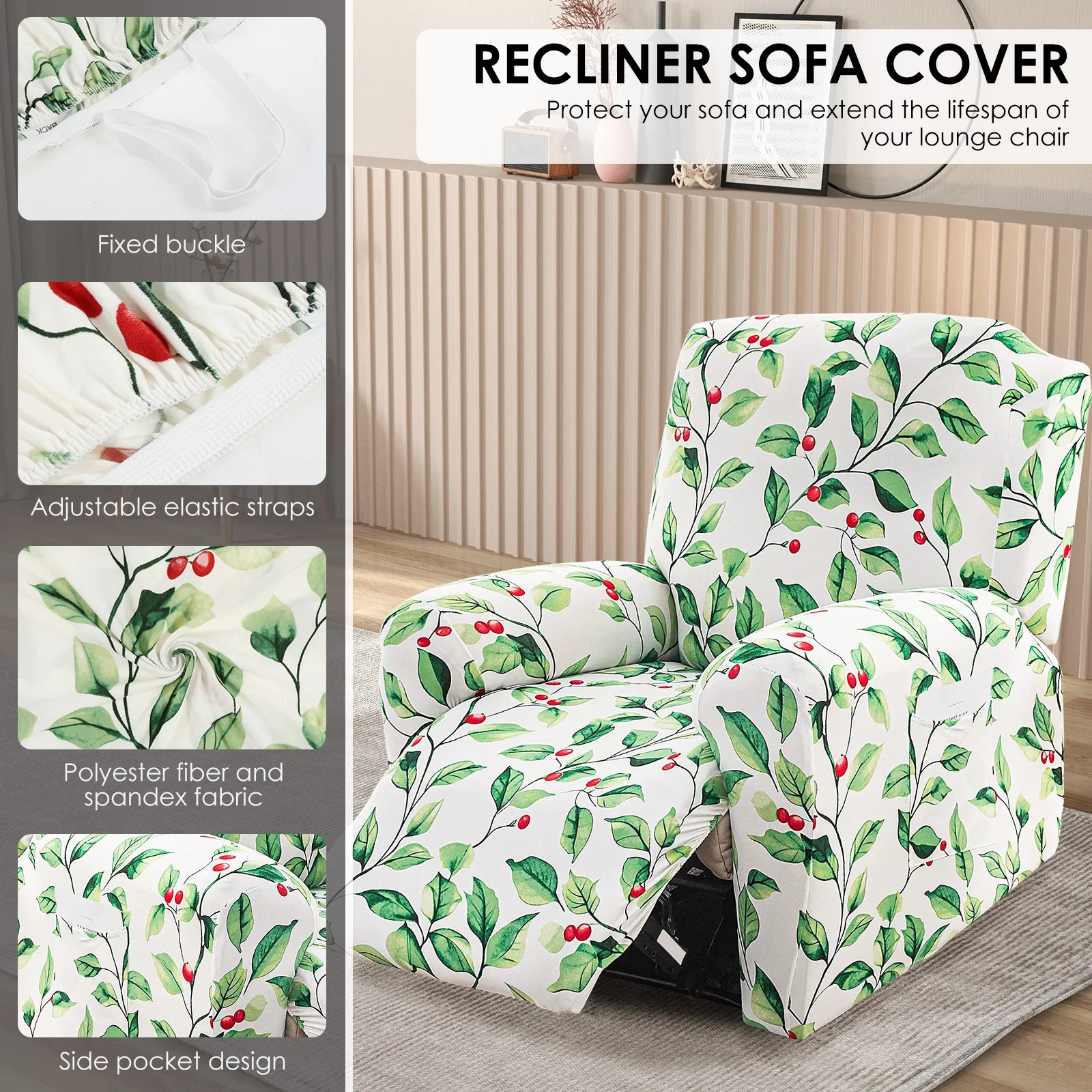 4Pcs Recliner Chair Cover Single Stretch Couch Covers with Side Pockets Non Slip Printed Sofa Protector Decorative Couch Cover 3