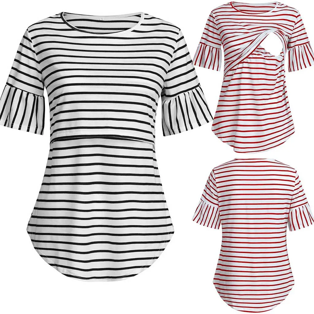 

Maternity Clothes Casual Tops Nursing For Breastfeeding T Shirt Striped Print Women Maternity Short Sleeve Maternity Blouse 2XL
