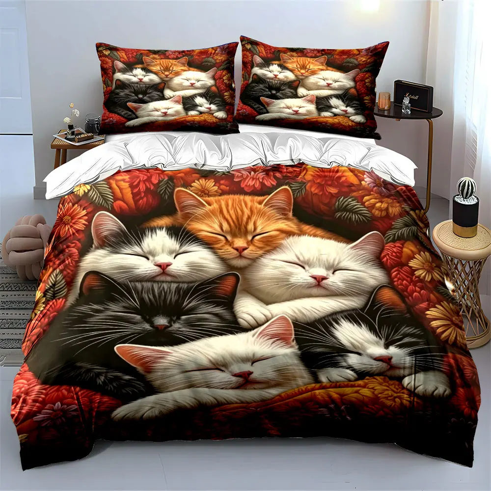 Cat Bedding Set Cartoon Duvet Cover Set Flowers Comfor Cover Bedroom Decor Guest Room 3pcs(1 Duvet Cover + 2 Pillow) 2