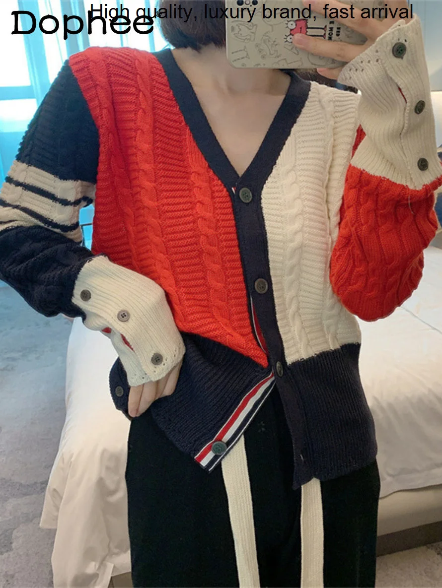 

Spring New 2023 Knitted Cardigan College Twist Colorblock Coat Women Korean Lazy Style Sweater Jacket Fashion Top