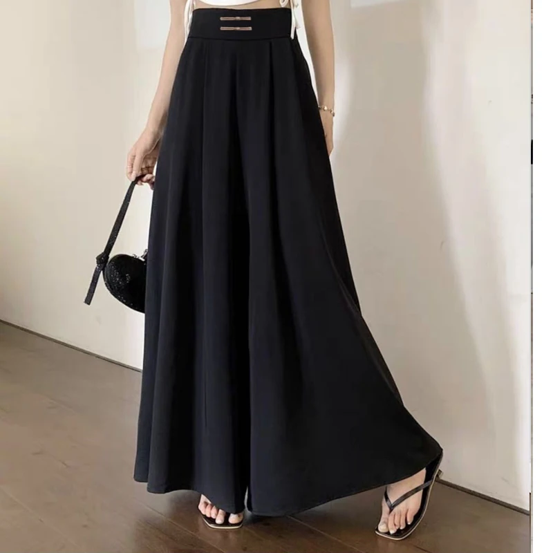 Summer New Solid Color Thin Ventilate Wide Leg Trousers Women High Street Casual Elastic Waist High Waist Pleated All-match Pant