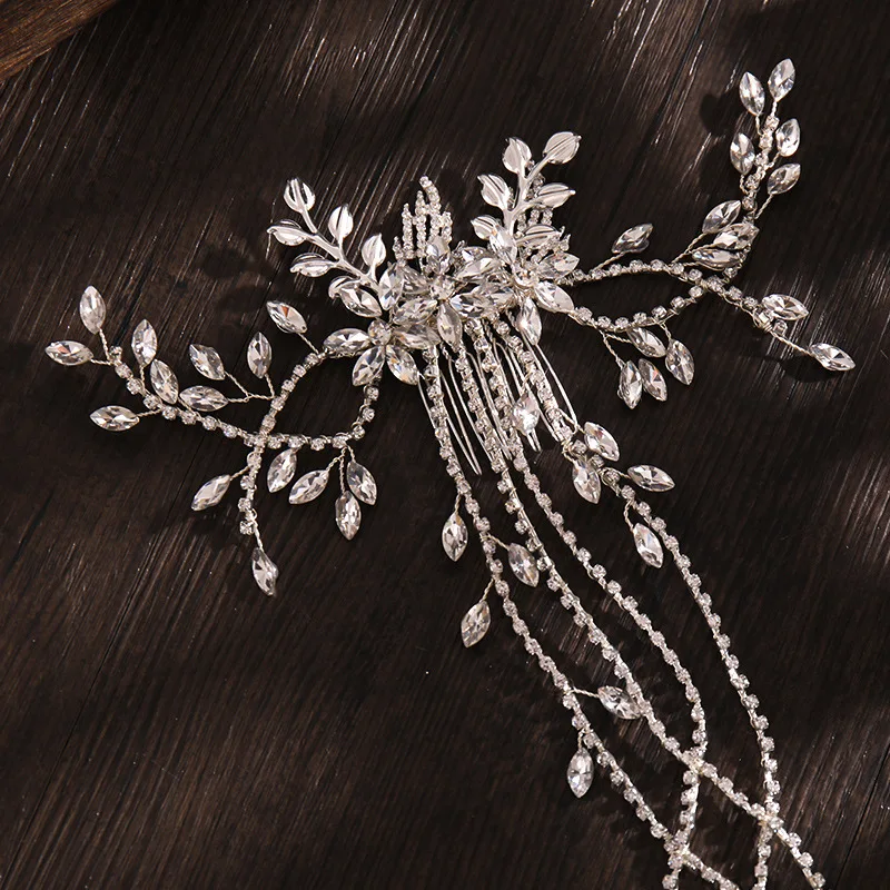 Luxus Braut haarkamm lange Kette Strass Kopf bedeckung Gold Silber Blume Stirnband Hochzeits schmuck Kristall Kopf bedeckung Ornamente – Detail 3