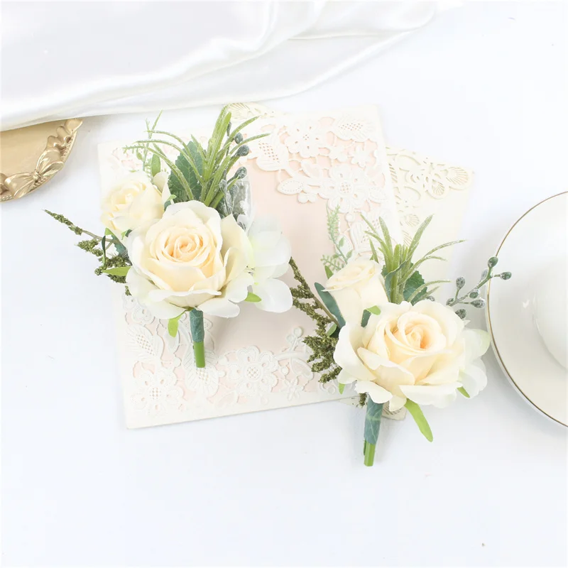 Weißer Bräutigam Boutonniere Blumen für Mensuit Künstliche Blume Seide Rose Männer Brosche Blumen Pins Ehe Dekoration 2 Stück – Detail 8