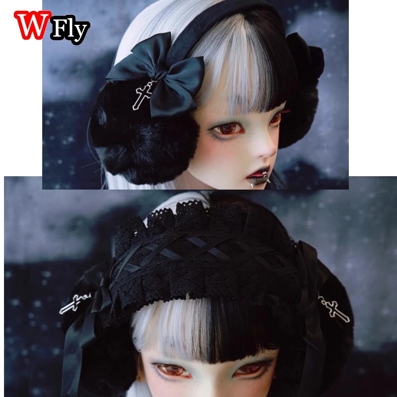 Lolita Women&rsquo;s Harajuku Steampunk Y2K GIRLS lace bow Cross pendant keep warm headband Plush foldable earmuffs Earmuff Ear Muff warm earmuffs