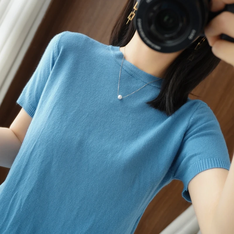 

2023 Summer New High End Solid Color Top Fashionable and Versatile Short Sleeve T-shirt Women's Round Neck Thin Knit Underlay