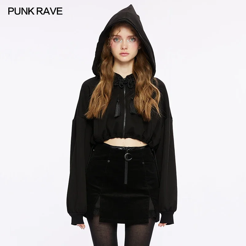 

PUNK RAVE Women's Chinese Style Short Sweater Cardigan Gothic Daily Wizard Peaked Hat Casual Coat Hoodie Women Clothes