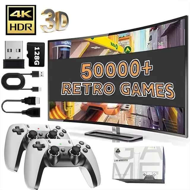 128G Game Stick M15 4K Video TV Game Console Wireless Gamepads Video Game 64G 40000+/50000+ Classic Arcade Games HD Two-player 1