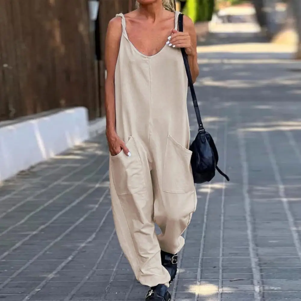 Stylish Women's V-neck Sleeveless Jumpsuit with Big Pockets Wide Leg Solid Color Chic Thin Playsuit Bib Overall for Streetwear india punk vintage low rise flared jeans with pockets goth streetwear full length blue woman jeans y2k retro chic pants fall