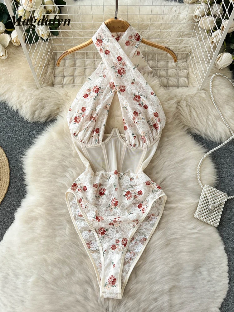 780054-5380bc.jpg Magdalyn Women Halter Floral Print Rompers Fashion Korean Design Streetwear Party Combination Catsuits One Piece Mesh Bodysuits - Image 1