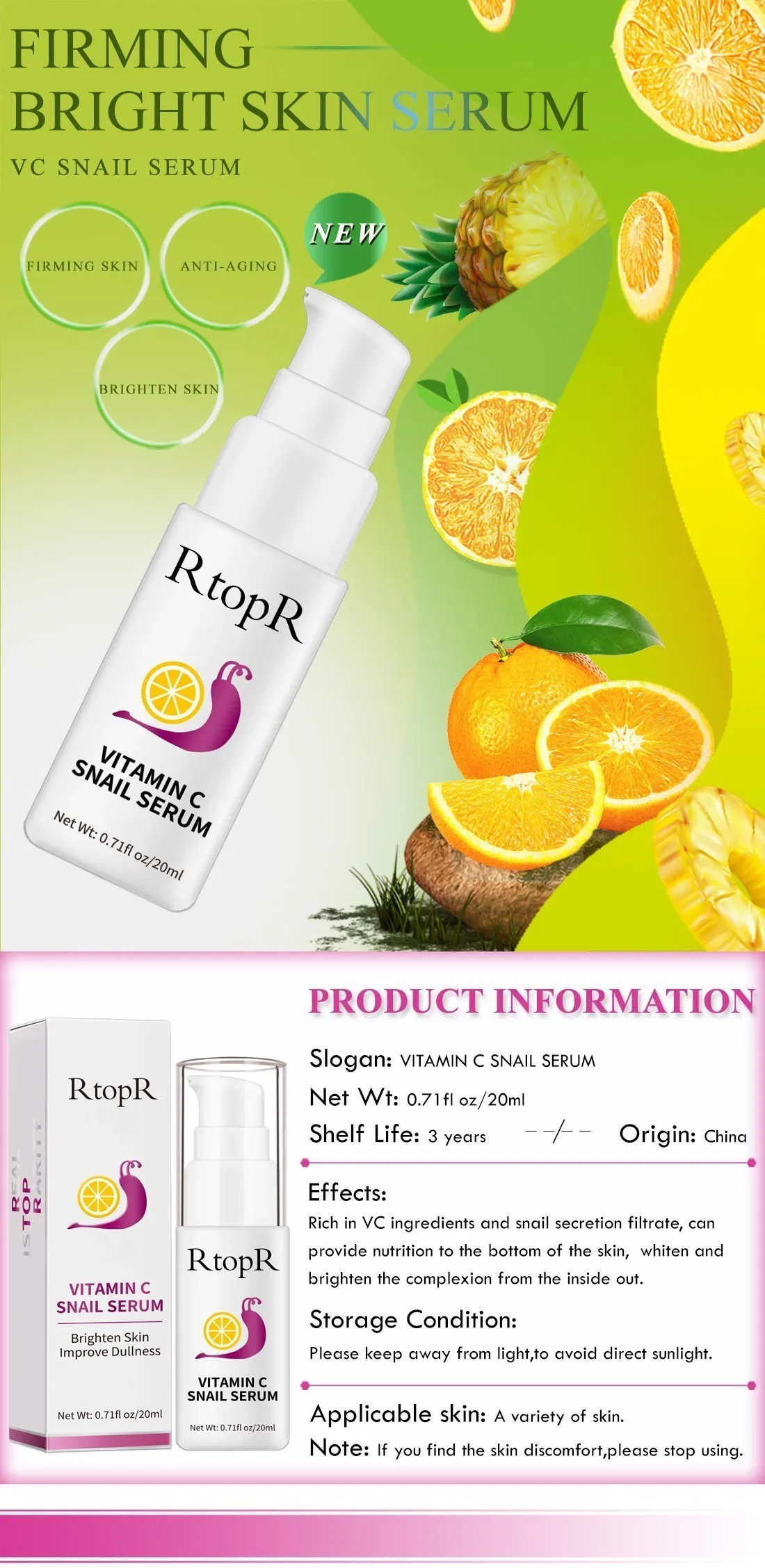 Sérum visage anti-rides raffermissant réparation éclat traitement essence escargot VC collagène riche en vitamine C produits de soins de la peau_voghion.com