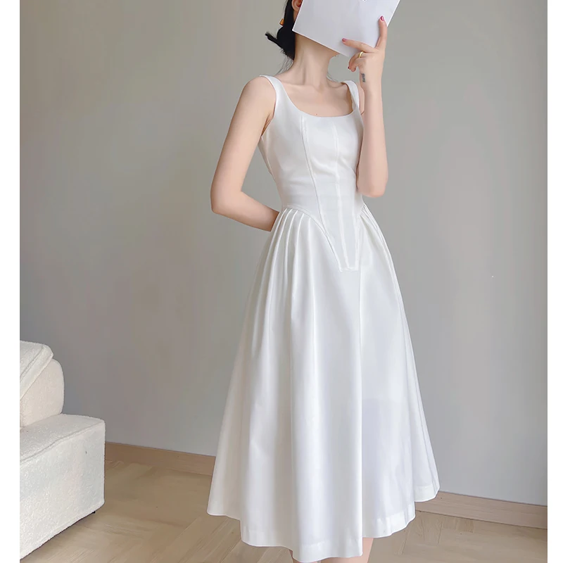 

Pure White A-line Suspender Dress 2022 High-waisted Slimming Cut Simple High Quality Temperament Celebrity White Skirt
