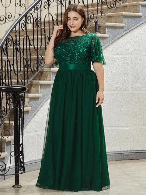 Elegant Evening Dresses O-Neck Sequin Tulle Print Floor Length 2022 New Ever Pretty of Sleeve Plus size Prom Dress for women 3
