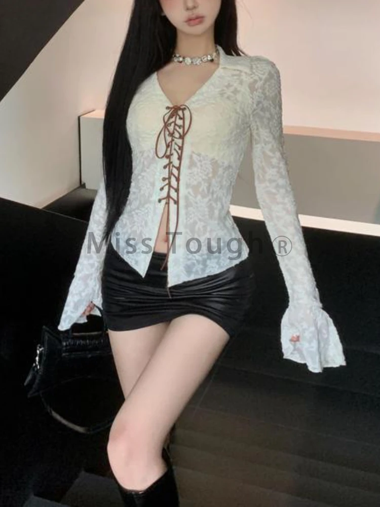 우아한 레이스 플레어 슬리브 상의, 여성 패션 Y2k V넥 솔리드 베이스 셔츠, 여성 디자인, 섹시한 레이스업 싱글 피스 탑, 프랑스 신상