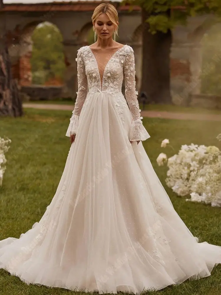 Simplicity A-Line Lady Wedding Dresses Customized V-Neck Long Trumpet Sleeves Bridal Gowns Shining Decals Embellishments Robes 4