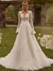 Simplicity A-Line Lady Wedding Dresses Customized V-Neck Long Trumpet Sleeves Bridal Gowns Shining Decals Embellishments Robes 4