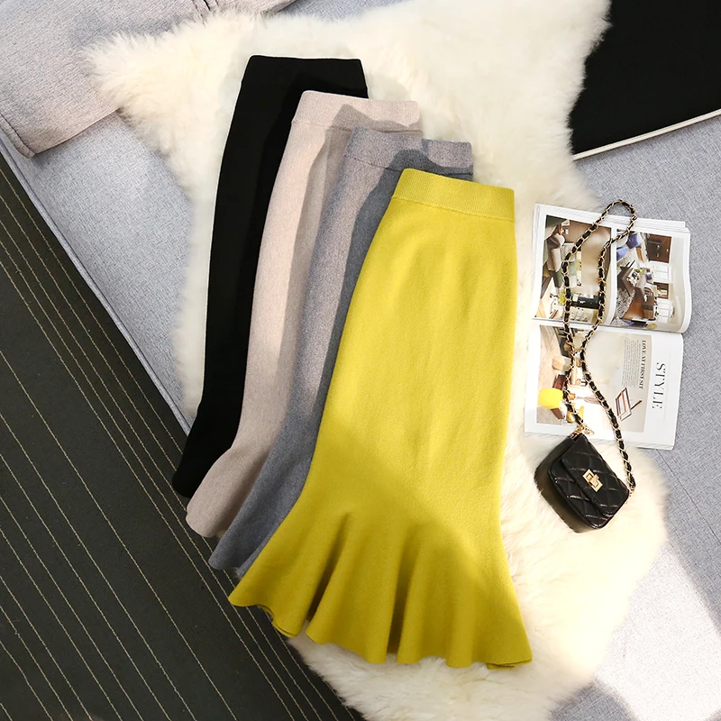 

Black Yellow Long Knitted Fishtail Elegant High-Waisted Women'S Spring Autumn Winter Skirts Korean Style Fashion 2022 Harajuku