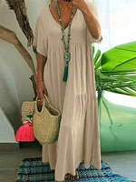 plus Size Women's Casual Loose V-Neck Solid Long Dress Spring Summer Pleated Big Size Women's Dress - Image 6