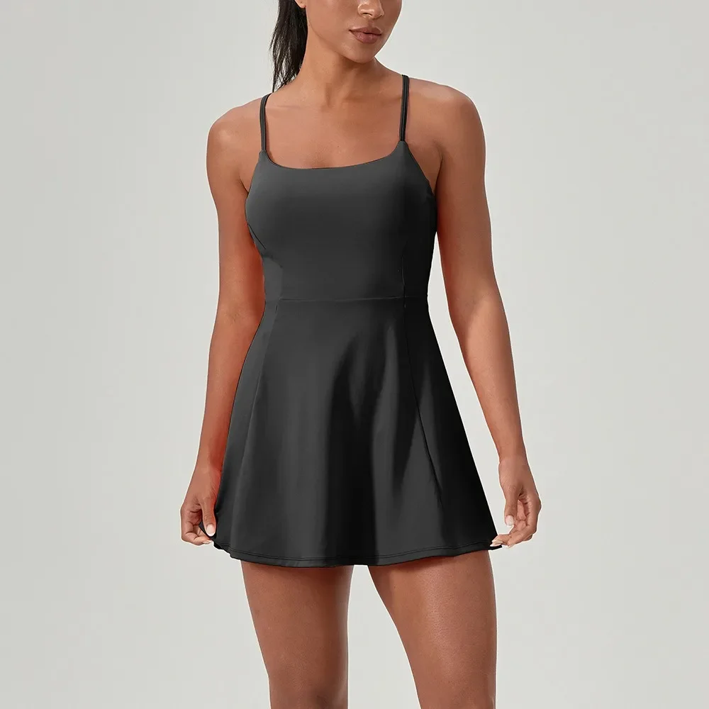 S-2XL One Piece Tennis Dress With Shorts&Chest Pads Golf Dress Workout Trainning Skirts Sleeveless Quick-Dry Athletic Dresses