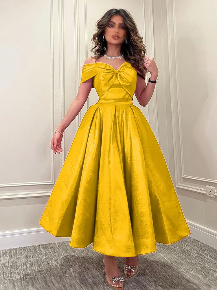 

Elegant Gold Princess Dresses Off Shoulder A Line High Waist Wedding Birthday Cocktail Party Outfits for Ladies with Bow 4XL