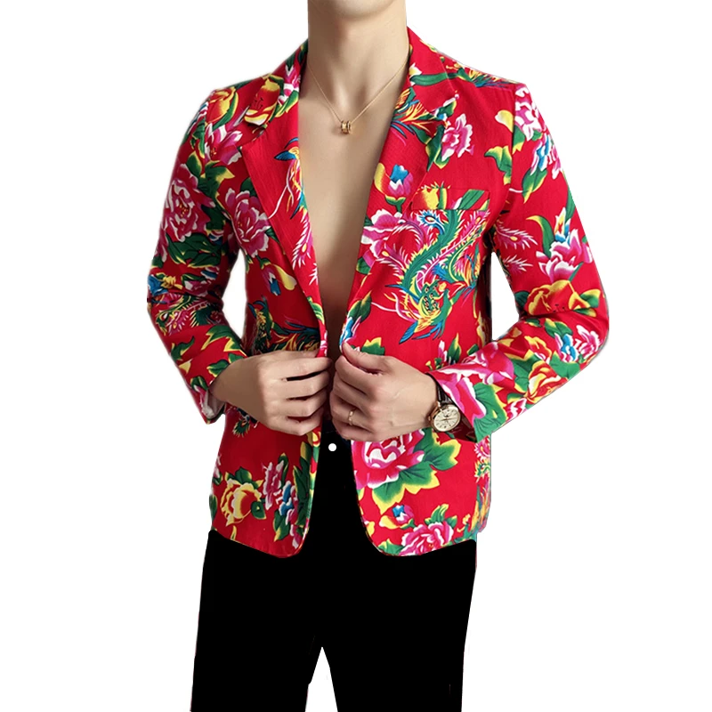 Thin Black Men's Printed Suit Jacket, V-Neck Single Button Blazer