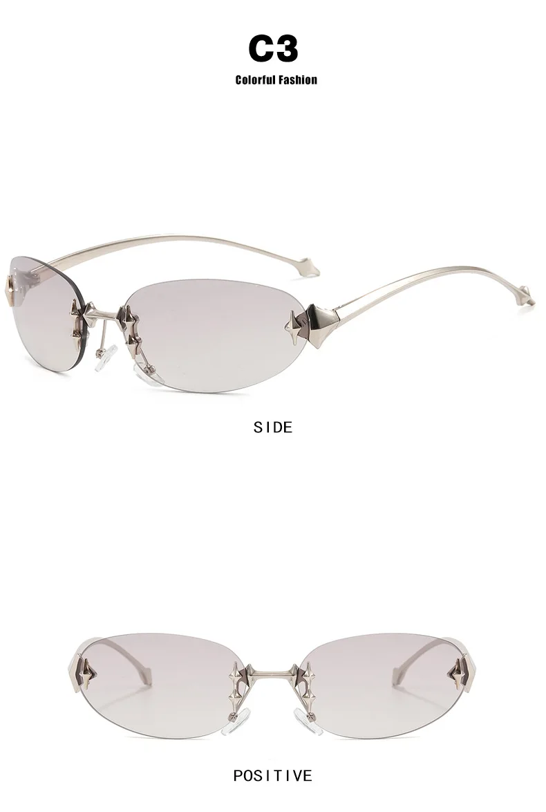 Y2K rimless elliptical fashion sunglasses with tinted lenses