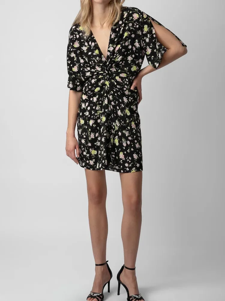 

Mini Dress for Women 2024 New Summer 100% Viscose Floral Letter Printing High Waist V-neck Slim Casual Fashion Pleated Robe