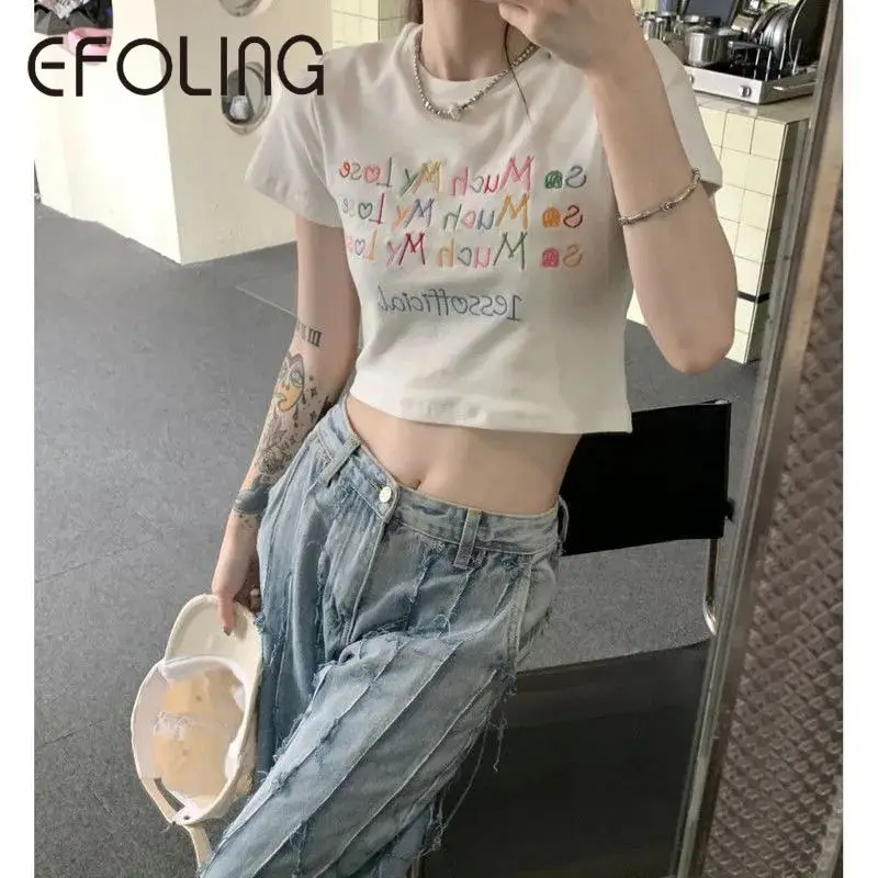

Summer Fashion Cotton American Letter Print Short Sleeve T-shirt Spicy Girl Slim Short Top Grunge Graphic T Shirts 00s Crop Top