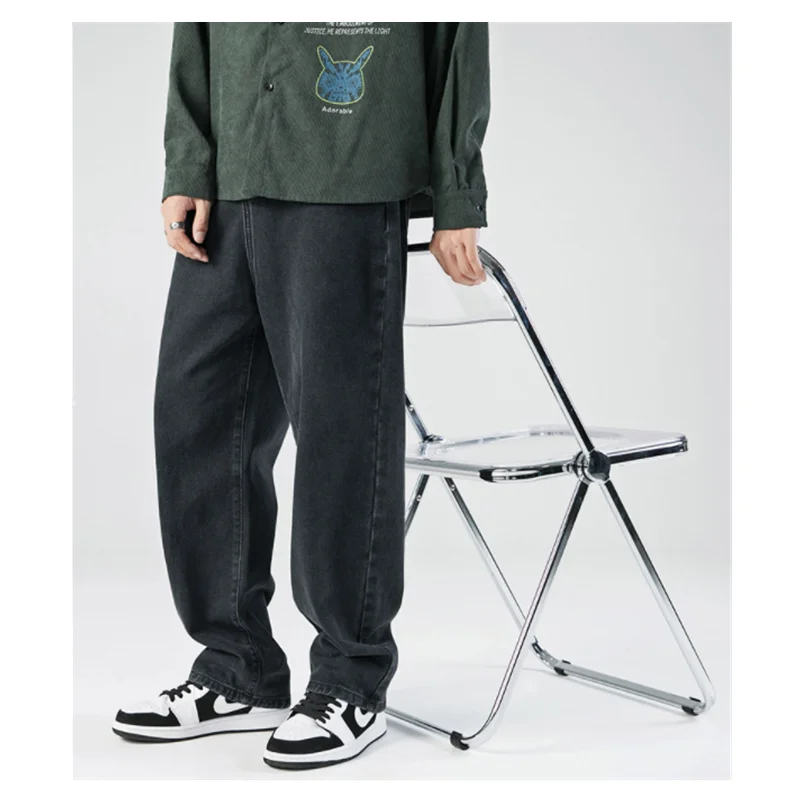 Men's 2023 Spring and Autumn New Washed Jeans Japanese Simple Solid Color Straight Sleeve Casual Loose Wide Leg Pants L0001