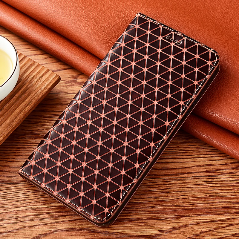 Grid Pattern Genuine Leather Magnetic Flip Phone Case For Samsung Galaxy M42 M51 M52 M62 Xcover 4 Xcover 5 6 Pro 2 Wallet Cover